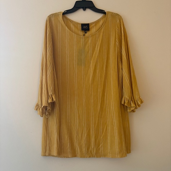 W5 Mustard Yellow Striped Boho Tunic Dress 2X Flowy Bell Sleeves Made in USA - Picture 1 of 4